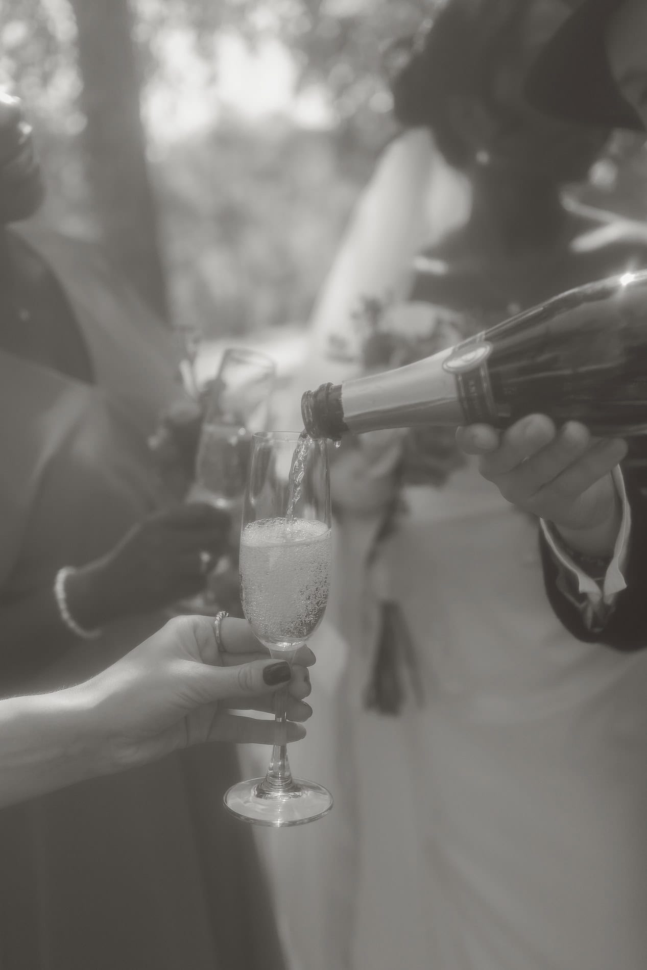 Champagne som helles i glass under festlig sammenkomst.